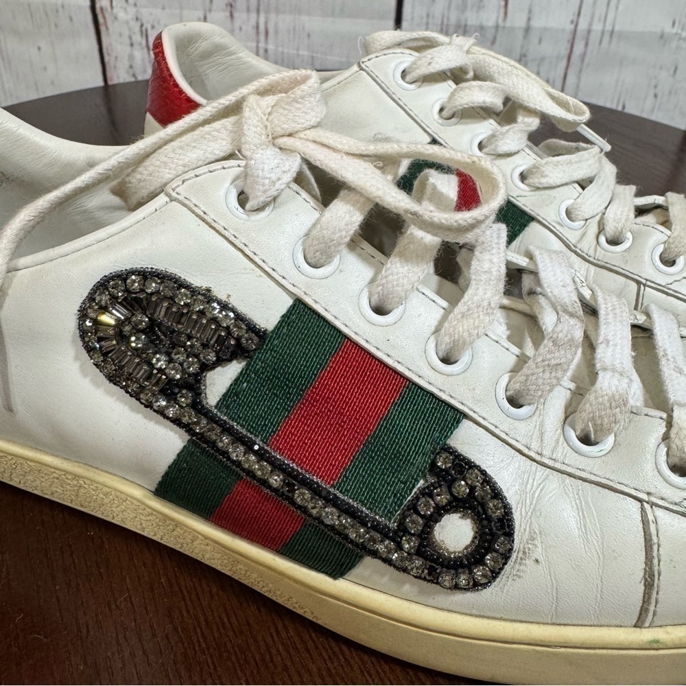 GUCCI ACE SNEAKERS embellished safety pin women’s 6.5 GUC - Picture 2 of 15